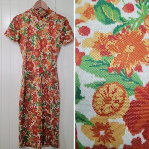 ZARA 70's Mod Retro Spring Citrus Floral Jacquard Knit Belt Fitted Dress Sz S